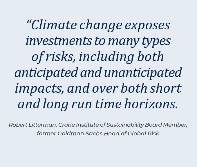 “Climate change exposes investments to many types of risks, including both anticipated and unanticipated impacts, and over both short and long run time horizons. Robert Litterman, Crane Institute of Sustainability Board Member, former Goldman Sachs Head of Global Risk