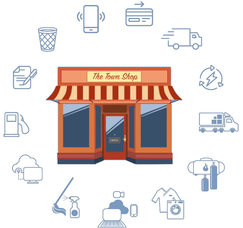illustration of a storefront with service icons circling it.